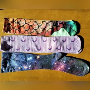 Three Pairs of Knee High Socks Mermaid Moon Space